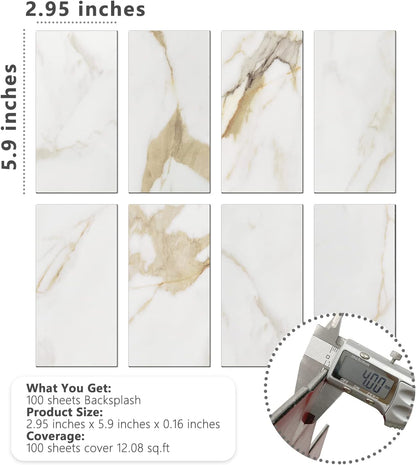 STICKGOO 100-Pieces Peel and Stick Backsplash, 3" x 6" PVC Wall Tile, Marble White Stick on Backsplash for Kitchen/Bathroom/Fireplace