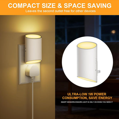 LED Night Light Plug into Wall with Motion Sensor & Dusk to Dawn Sensor, Soft White 3000K, 1-100LM Adjustable Brightness, Nightlights for Bathroom, Hallways, Bedroom, Stairway, 2 Pack