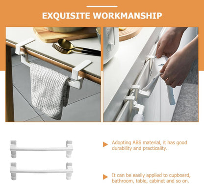 2pcs Plastic Towel Rack and Dish Cloth Holder, Wall-Mounted Over Cabinet Door, White Bathroom and Kitchen Hanging Storage Organizer for Hand Towels and Cleaning Cloths
