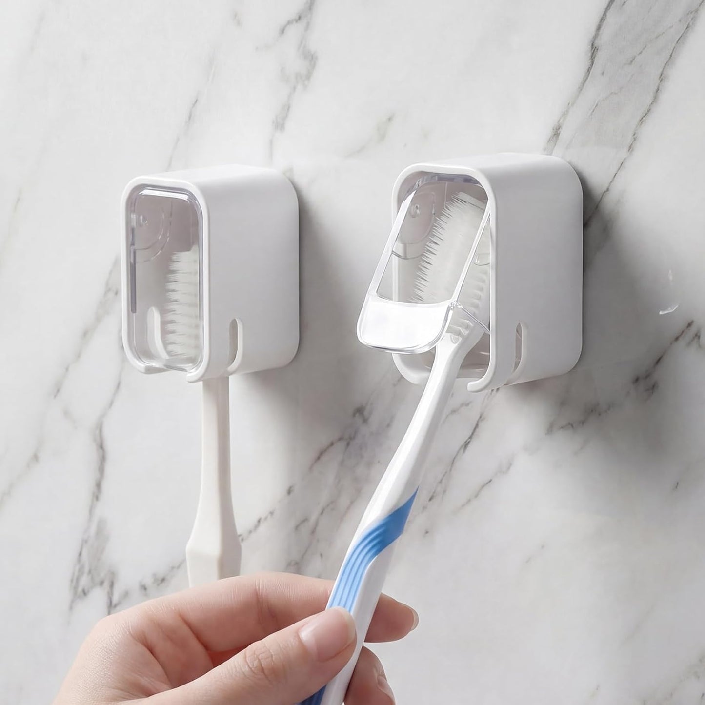 2PCS Toothbrush Wall Mount for Shower Clear Self Adhesive Toothbrush Holder Hanging Innovation Single Slot Design Wall Hanging Toothbrush-Holder with Cover for Bathroom Family Travel