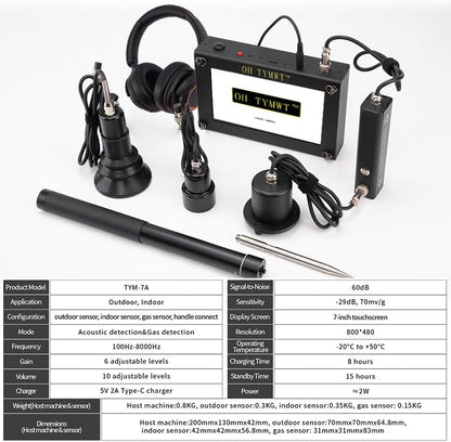 Al Water Leak Detector, Indoor Wall/Ground Under Slab Pipe Leak - TYM-3A | 2 Sensors, 0.5m/1.64ft, 100Hz-8000Hz, 15 Hours