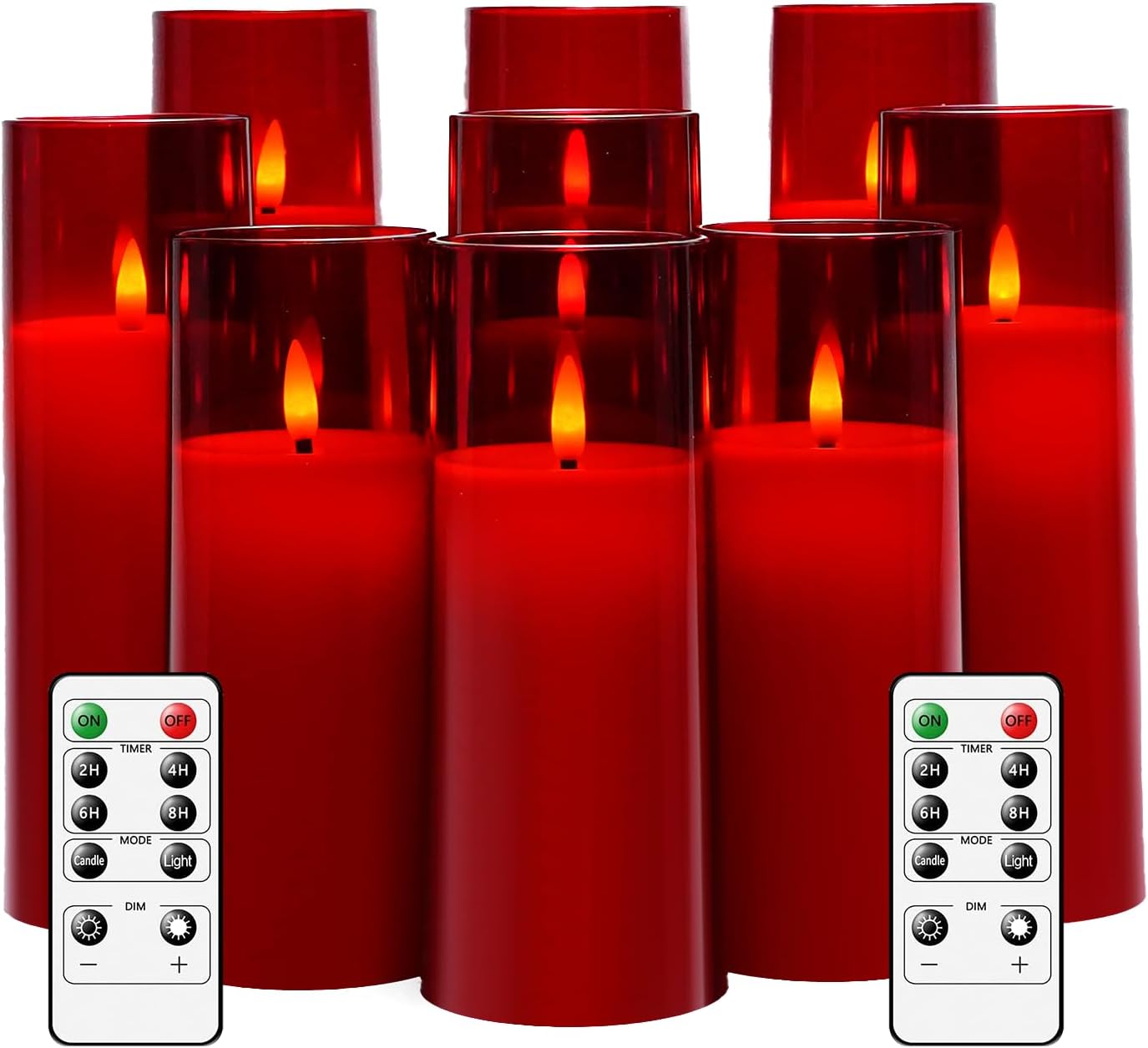 kakoya Flickering Flameless Candles Battery Operated with Remote and 2/4/6/8 H Timer Plexiglass Led Pillar Candles Pack of 9(D2.3 xH5.5 6.5" 7.5") with Realistic 3D Wick Candles for Home Decor(Ivory)