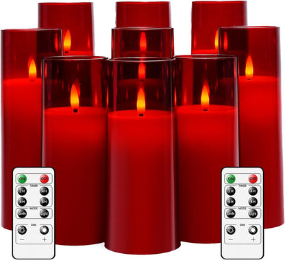 kakoya Flickering Flameless Candles Battery Operated with Remote and 2/4/6/8 H Timer Plexiglass Led Pillar Candles Pack of 9(D2.3 xH5.5 6.5" 7.5") with Realistic 3D Wick Candles for Home Decor(Ivory)