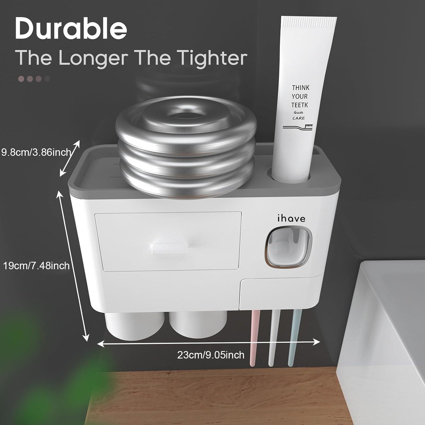 iHave Toothbrush Holders for Bathrooms, 2 Cups Toothbrush Holder Wall Mounted with Toothpaste Dispenser - Large Capacity Tray, Cosmetic Drawer - Tooth Brushing Holder & Bathroom Accessories