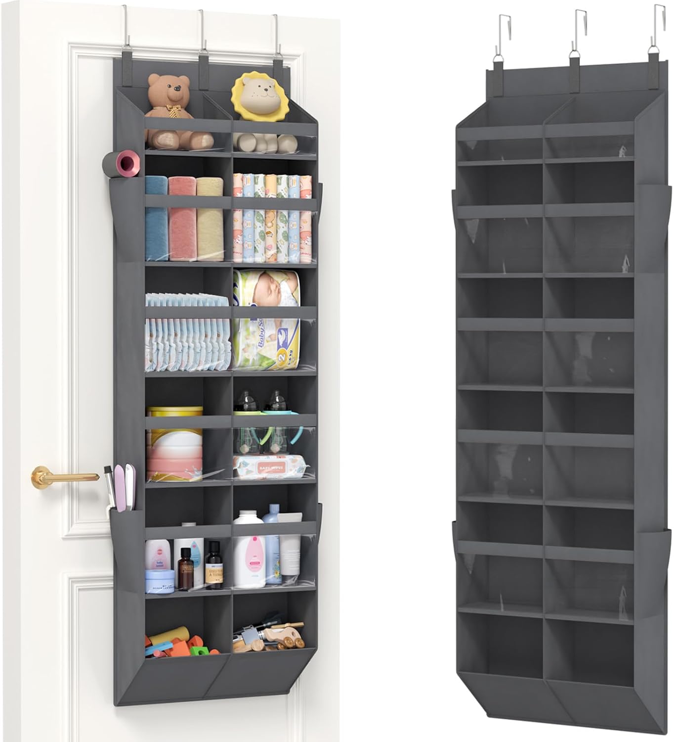 Lifewit 1 Pack Over the Door Organizer, 5 Section Clear Window Hanging Storage with 4 Side Pockets, Sturdy Anti Tilt 40 lbs Load Behind Door for Closet, Bedroom, Bathroom, Nursery, Dorm, Dark Gray