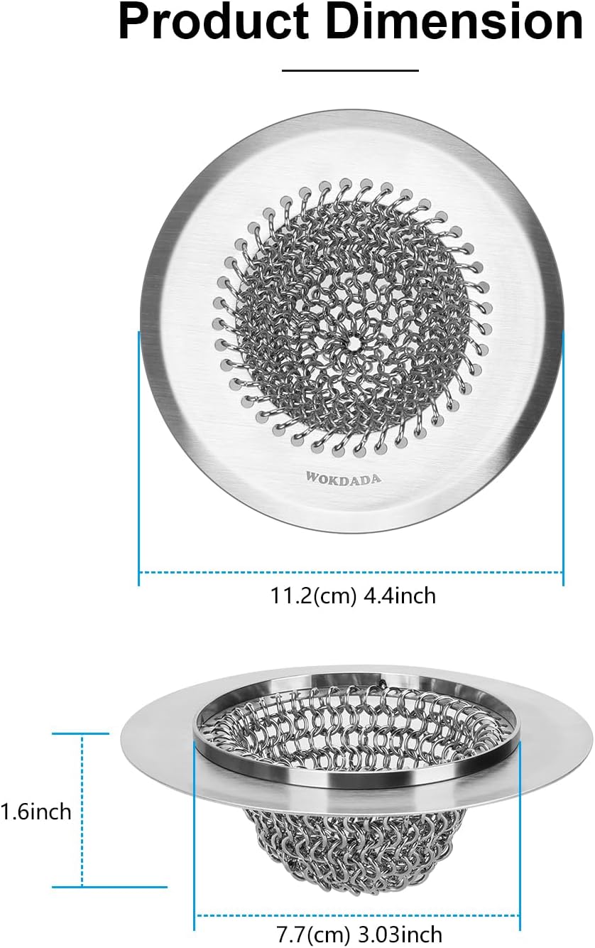 WOKDADA Upgraded Sink Drain Strainer, Patented Reversible Chain Mail Mesh | Anti-Slip Ring, Fast Drainage, Reversible Flip Clean, Rust-Proof, Universal 4.4-Inch, Large Capacity, Garbage Disposal Fit