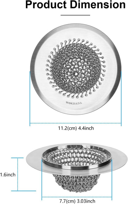 WOKDADA Upgraded Sink Drain Strainer, Patented Reversible Chain Mail Mesh | Anti-Slip Ring, Fast Drainage, Reversible Flip Clean, Rust-Proof, Universal 4.4-Inch, Large Capacity, Garbage Disposal Fit