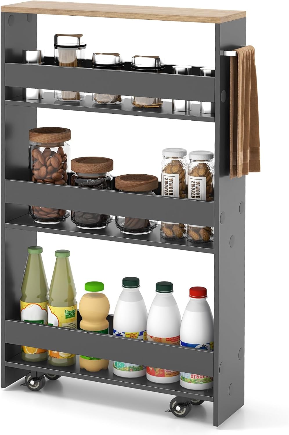 COSTWAY Slim Rolling Storage Cart, 4-Tier Rolling Utility Cart, Wood Kitchen Storage Cart with Handle & Wheels, Narrow Rolling Shelving Unit for Kitchen Bathroom Laundry Small Places (Plain White)
