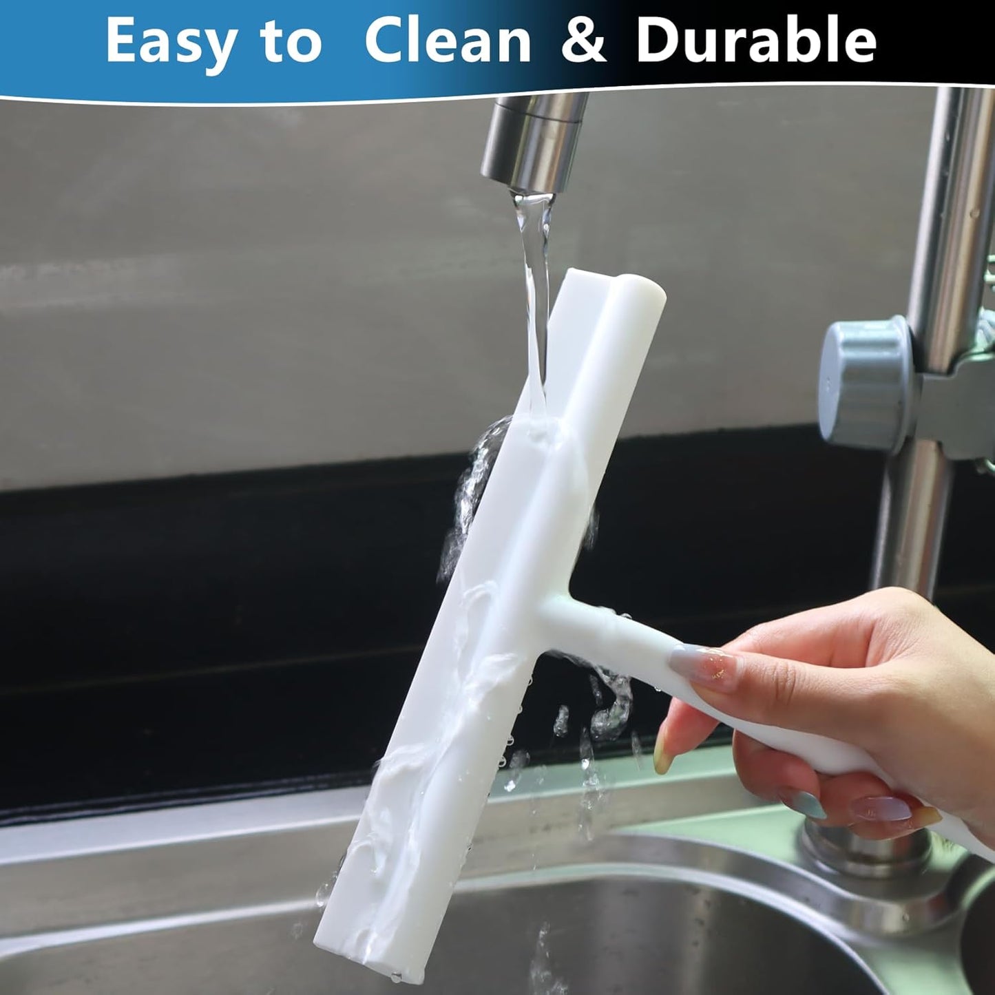Squeegee for Shower Glass Doors, Resilient Loop - No-Drill & Adhesive Hook, Silicone Shower Squeegee with Stainless Steel Core, Cleaning Tool for Home, Kitchen, Bathroom & Car - Black