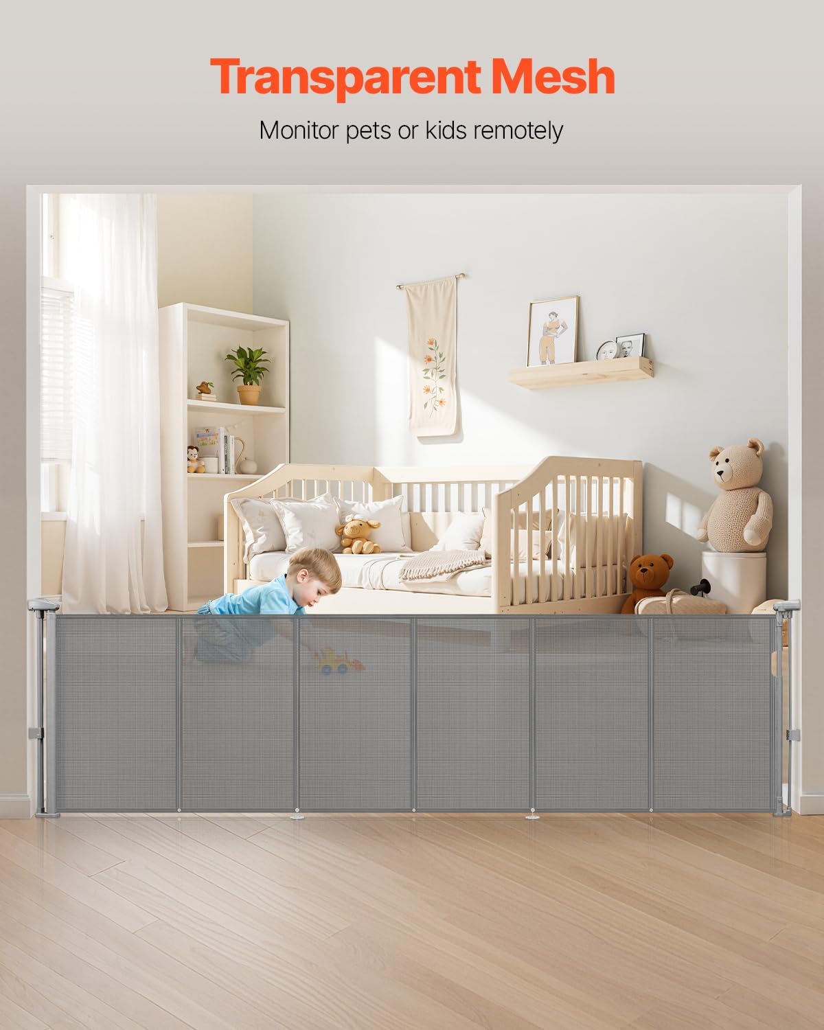 VEVOR Retractable Baby Gate, 34 inch Tall, Extends up to 71 inch Wide, Retractable Gate for Kids or Pets, Mesh Material, Easy to Install for Indoor Stairs, Doorways, Hallways, Playrooms, Gray