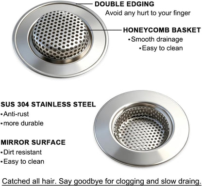 Seatery Bathtub Drain Strainers, Tub Drain Hair Catcher, Stainless Steel Bath Drain Cover Basket, Outer Diameter 3.0 inch/7.7cm, Inner Diameter 1.60 inch/4.0cm, Pack of 2