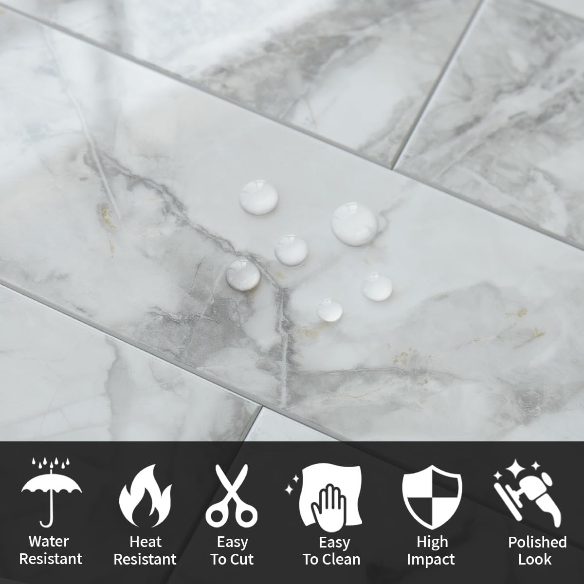 AULIGET 40-Piece Polished White Marble with Gold Peel and Stick Backsplash Wall Tiles, 3" x 12" PVC Faux Stone Stick on Tiles for Backsplash Kitchen, Bathroom, Laundry Room, Camper, Fireplace