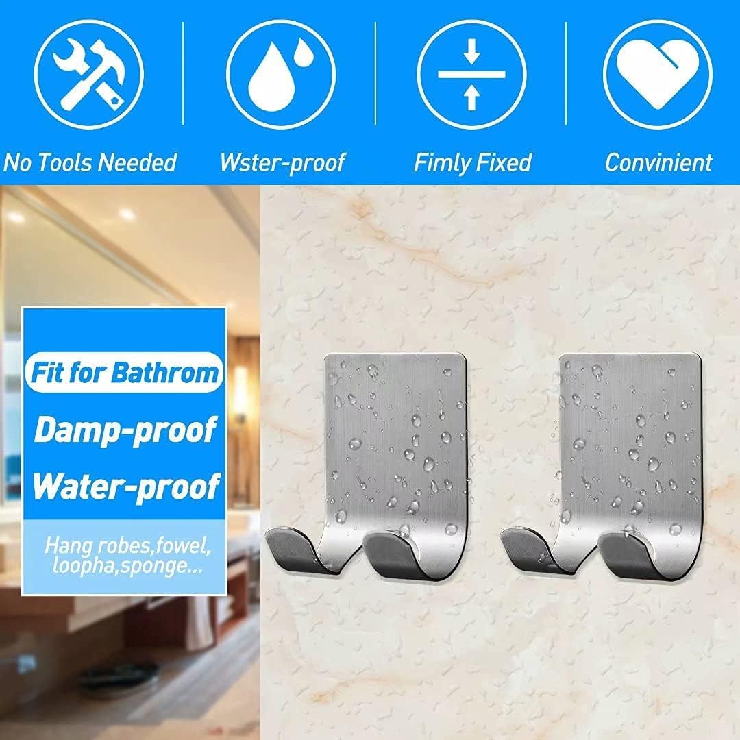 Waterproof Razor Holder for Shower, Heavy Duty Self Adhesive Hooks, 304 Stainless Steel Towel Hooks for Bathrooms Wall Mounted Hanging Loofah Robe Shaver Coat Hats Without Nails(Silver, 6 Pack)