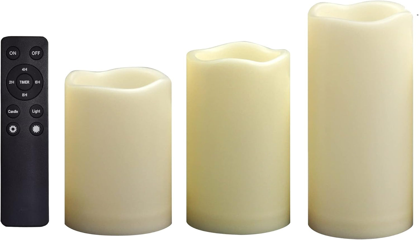 CANDLE CHOICE Waterproof Outdoor Battery Operated Flameless Candles with Remote Timer Plastic Flickering Fake Electric LED Pillars for Lantern Garden Wedding Christmas Decorations 3x4 Inches 3 PCS
