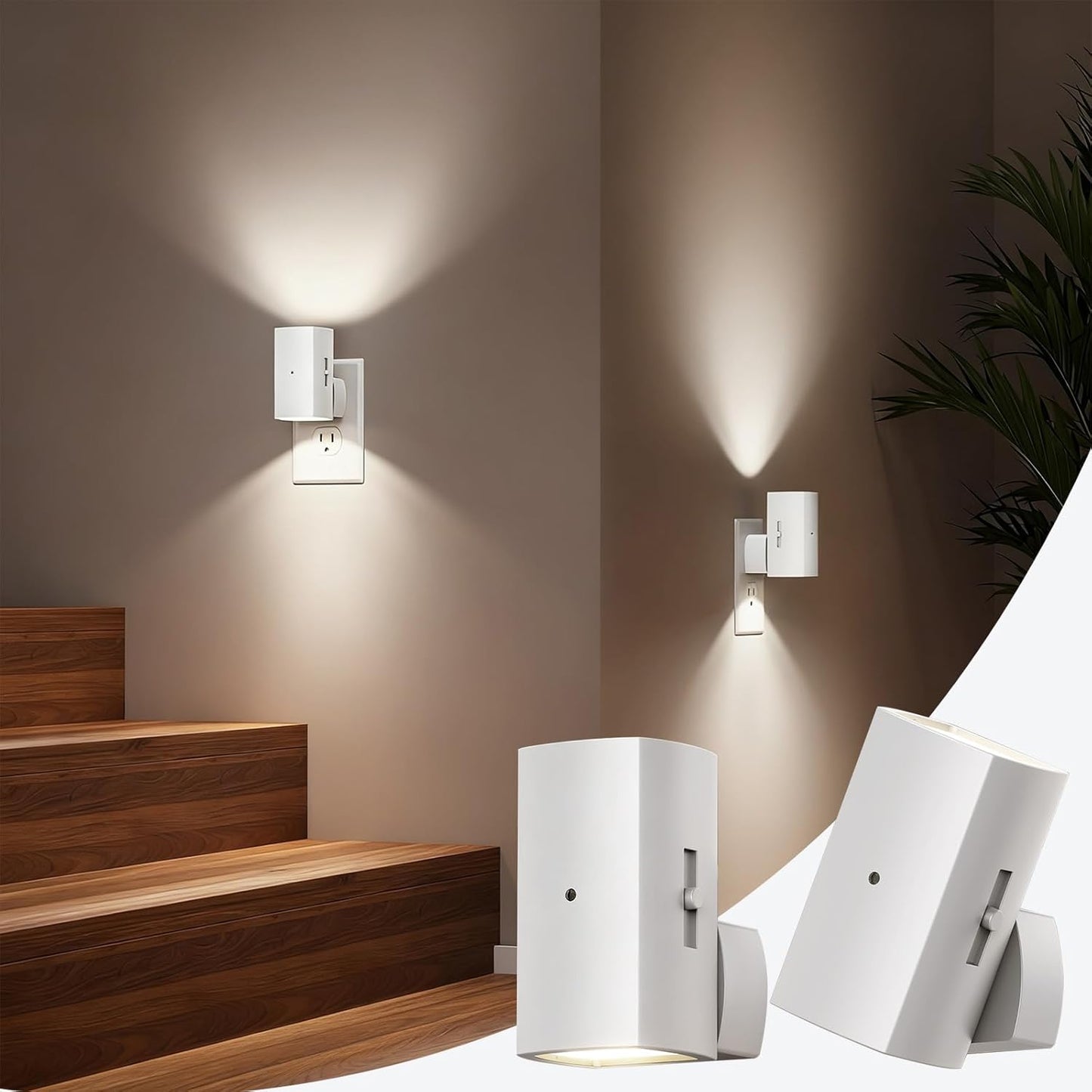 Brightown 2 Pack Night Lights Plug Into Wall, Modern Night Light with Rotating Plug, Dusk to Dawn Sensor, 0-100LM Stepless Dimming Nightlights, Home Decor for Hallway Bedroom Bathroom, Soft White