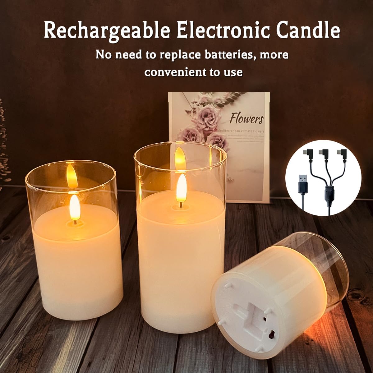 LEDHOLYT Rechargeable Flameless Glass Pillar Candles–Gifts for Women,–Set of 3, Realistic Flickering LED Light,Remote & Timer, Ideal for Living Room, Bedroom & Festival Wedding Home Party Decor