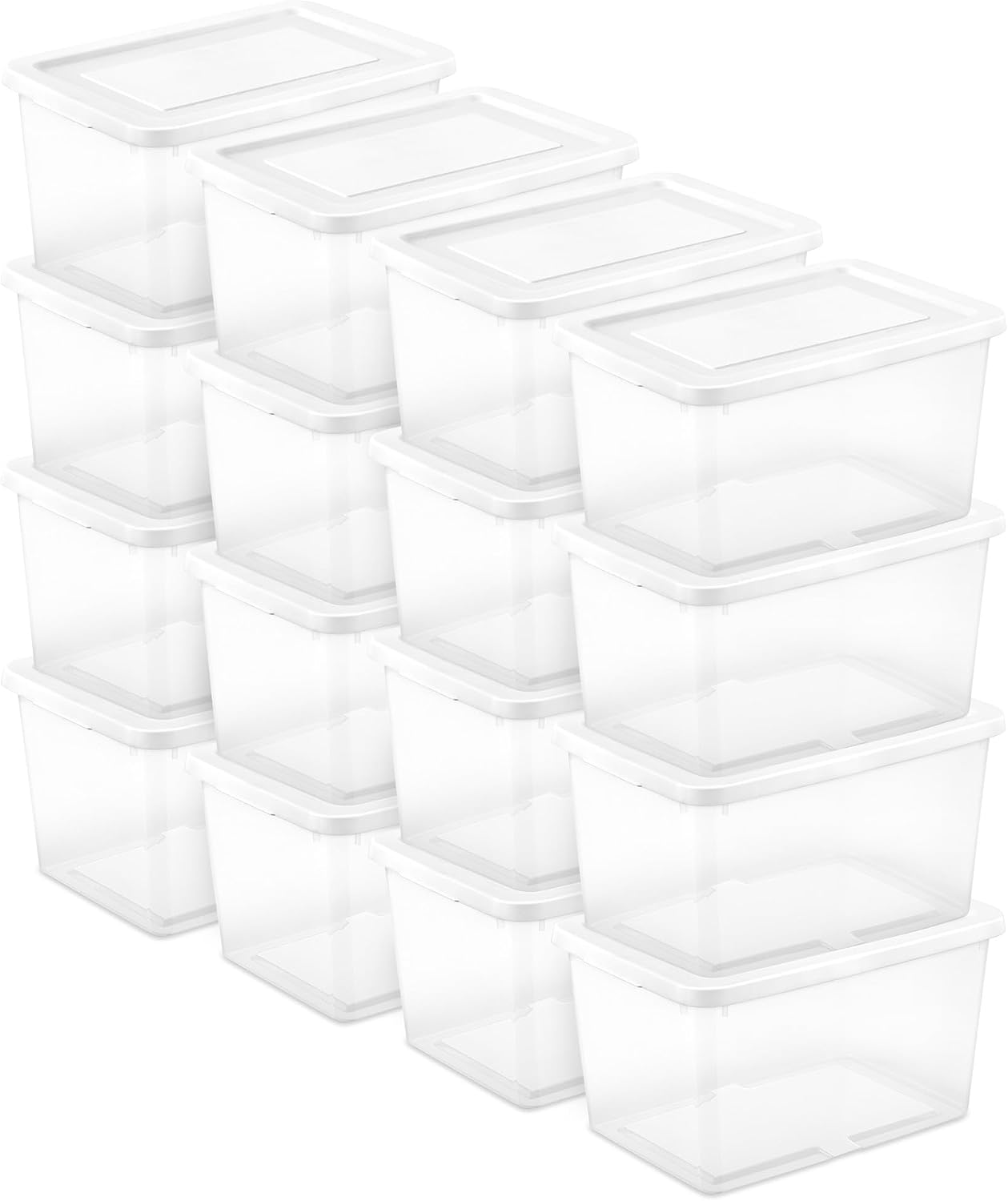 Sterilite 6 Pack Storage Box, 41 Quart Stackable Tote, Clear Plastic Container with Secure Snapping White Lids for Home and Office Organization