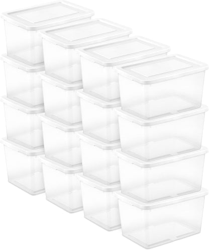 Sterilite 6 Pack Storage Box, 41 Quart Stackable Tote, Clear Plastic Container with Secure Snapping White Lids for Home and Office Organization