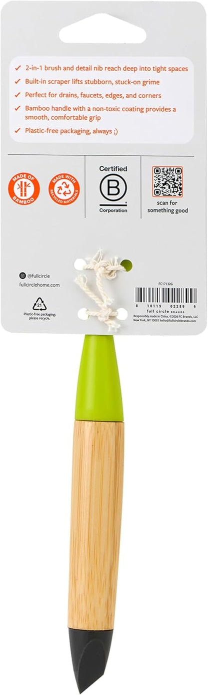 Full Circle Every-Crevice Detail Brush, Deep Cleaning Brush for Crevices, Shower, & Grout, Tough Bristles, Sustainable Bamboo Handle, White