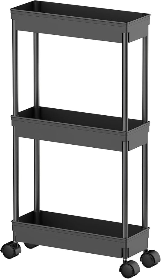 Sooyee 3 Tier Rolling Cart with Wheels, Slim Storage Cart, Under Desk Narrow Rolling Utility Cart Storage Organizer for Office Bathroom Kitchen Laundry Room Narrow Places, White, Plastic and Metal