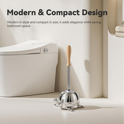 Toilet Brush and Holder Set, Ceramic Turtle Base Toilet Brush Set - 7.5” Bowl Cleaner, Toilet Scrubber Brush with Ergonomic Handle (Silver)