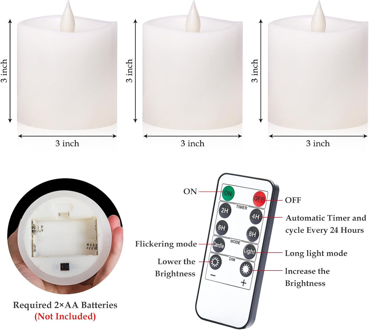 3"x4" Flickering Flameless Battery Candles with Timer, White Realistic LED Pillar Candles, Set of 2 Large Remote-Operated Candles for Home Indoor/Outdoor & Holiday Decor