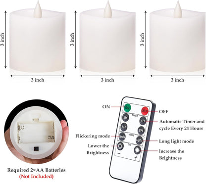 3"x4" Flickering Flameless Battery Candles with Timer, White Realistic LED Pillar Candles, Set of 2 Large Remote-Operated Candles for Home Indoor/Outdoor & Holiday Decor