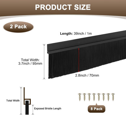 M METERXITY 2Pack Door Sweep - 39" Door Bottom Brush Heavy Duty Seal Draft Stopper Aluminum Base with 50mm Brush, Adhesive/Screw Installation for Interior/Exterior/Garage/Sliding Doors, Black