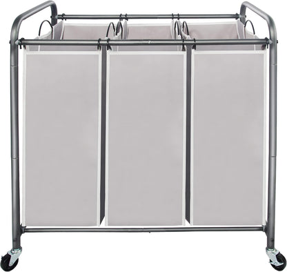 STO STO Laundry Sorter 3 Section, 3 Bag Clothes Hamper, Rolling Laundry Cart Basket with Heavy Duty Lockable Wheels and Removable Bag for Laundry Room, Bedroom, Closet, Gray