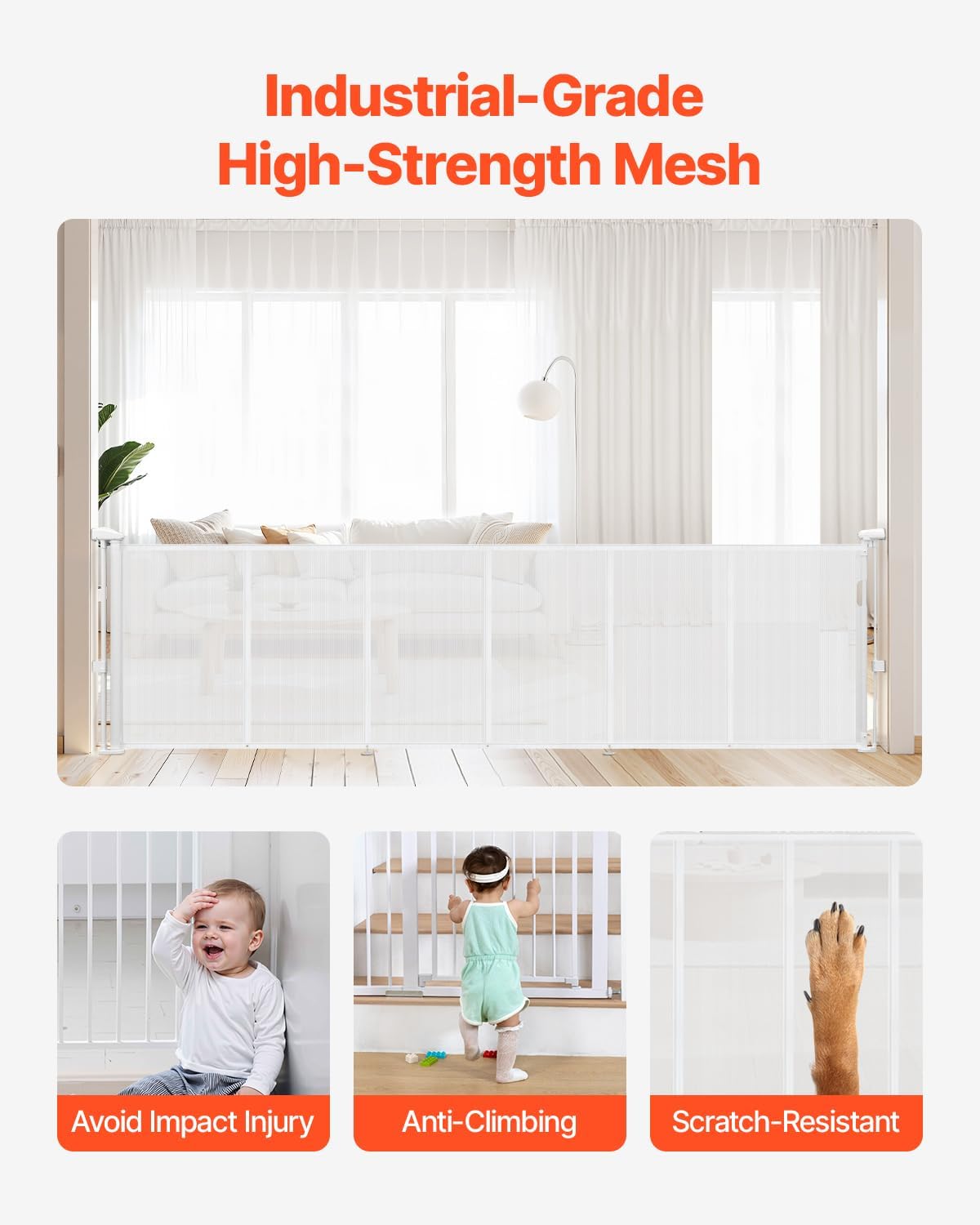 VEVOR Retractable Baby Gate, 34 inch Tall, Extends up to 71 inch Wide, Retractable Gate for Kids or Pets, Mesh Material, Easy to Install for Indoor Stairs, Doorways, Hallways, Playrooms, Gray