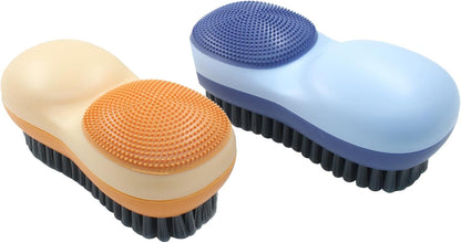 Hitefu 2 Pack Double Sided Laundry Stain Brush with Silicone Surface, Soft Bristle Scrub Brush for Shoes, Clothes, Underwhere & Fabric Cleaning (Blue & Orange)