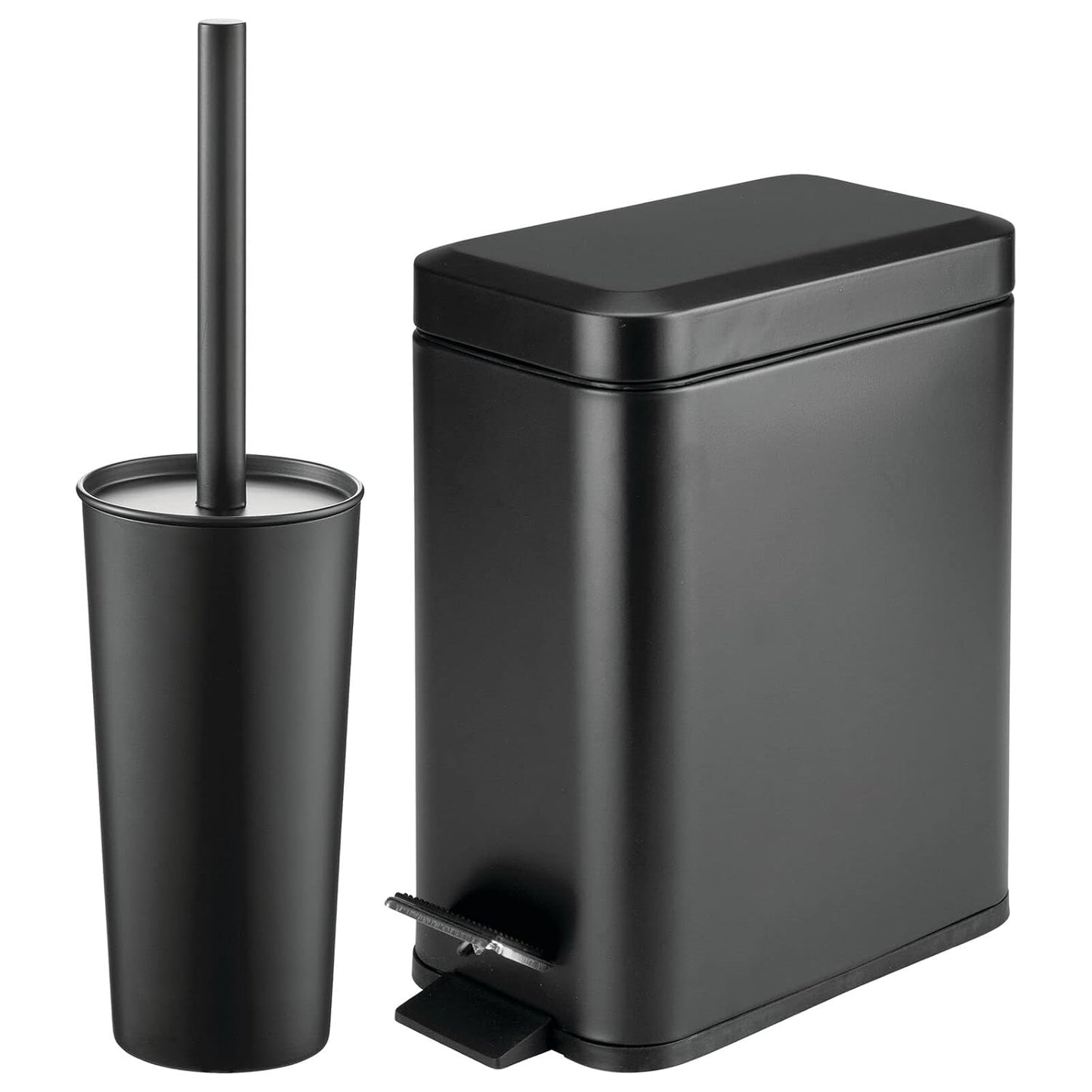 mDesign Metal Freestanding Slim Toilet Bowl Brush and Holder + Rectangle Narrow 5 Liter / 1.3 Gallon Step Pedal Trash Can Wastebasket for Bathroom - Small, Compact Design - Set of 2 - Brushed/Chrome