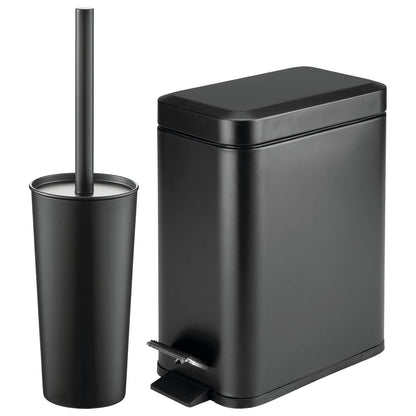 mDesign Metal Freestanding Slim Toilet Bowl Brush and Holder + Rectangle Narrow 5 Liter / 1.3 Gallon Step Pedal Trash Can Wastebasket for Bathroom - Small, Compact Design - Set of 2 - Brushed/Chrome