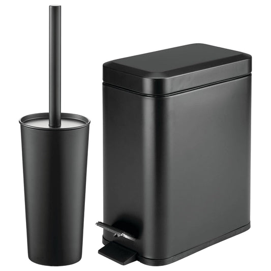 mDesign Metal Freestanding Slim Toilet Bowl Brush and Holder + Rectangle Narrow 5 Liter / 1.3 Gallon Step Pedal Trash Can Wastebasket for Bathroom - Small, Compact Design - Set of 2 - Brushed/Chrome