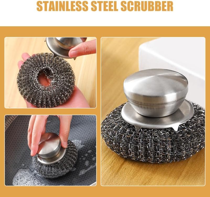 Stainless Steel Scrubber with Handle BBQ Grill Scrubber for Pots Pans and Dishes Non-Scratch Kitchen Metal for Tough Stains Scrubbing Tool 3.54X2.16X2.16In
