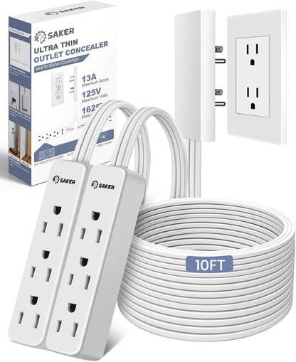 Saker Outlet Concealer Power Strip | 5ft Flat Plug Extension Cord with 3 Outlets,1625W | Universal Size Outlet Cover Baby Proofing | Cover Extension Cord for Kitchen, Home and Office