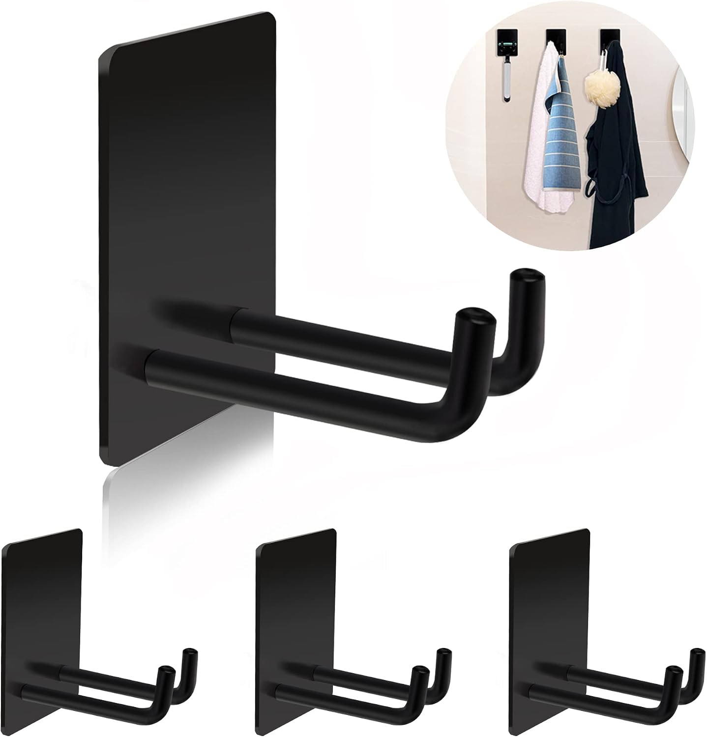 Adhesive Hooks Heavy Duty, Long Stainless Steel Self Adhesive Wall Hook, Sticky Towel Hangers for Kitchen Bathroom, Waterproof Stick on Door Hooks for Hanging Key Hat Coat 4Pack(Black)