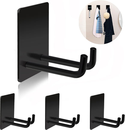 Adhesive Hooks Heavy Duty, Long Stainless Steel Self Adhesive Wall Hook, Sticky Towel Hangers for Kitchen Bathroom, Waterproof Stick on Door Hooks for Hanging Key Hat Coat 4Pack(Black)