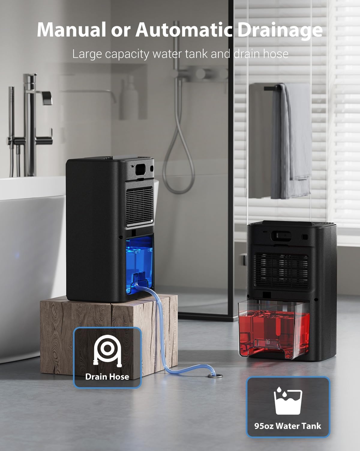 UBBO 95oz Dehumidifiers for Home, 1000 Sq.Ft Dehumidifier with Drain Hose - Auto Shut Off, Timer, Sleep Mode & Drain Hose - 7 Color Light for Bedroom, Bathroom, RV - Black Gold