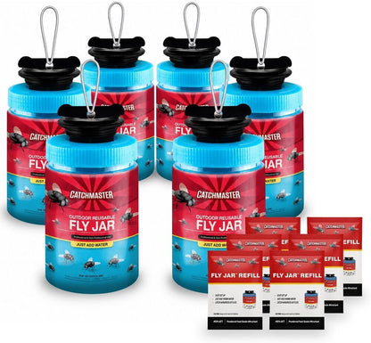 Catchmaster Reusable Outdoor Fly Trap, 2 Hanging Blue Jars with Bait | Catches All Species of Fly, Fly Traps Outdoor w/ Food-based lure, Odor Attracts Flies Away From People, Refill & Reuse
