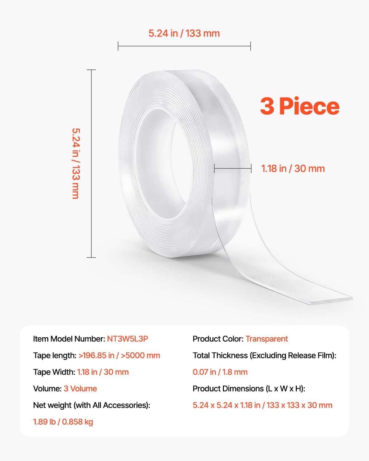 VEVOR Double Sided Tape Heavy Duty, 16 ft Long Nano Mounting Tape, Strong Adhesive & Reusable, Clear Two Sided Wall Tape, Removable Poster Picture Hanging Strips for Home, Office, Car, Outdoor Use