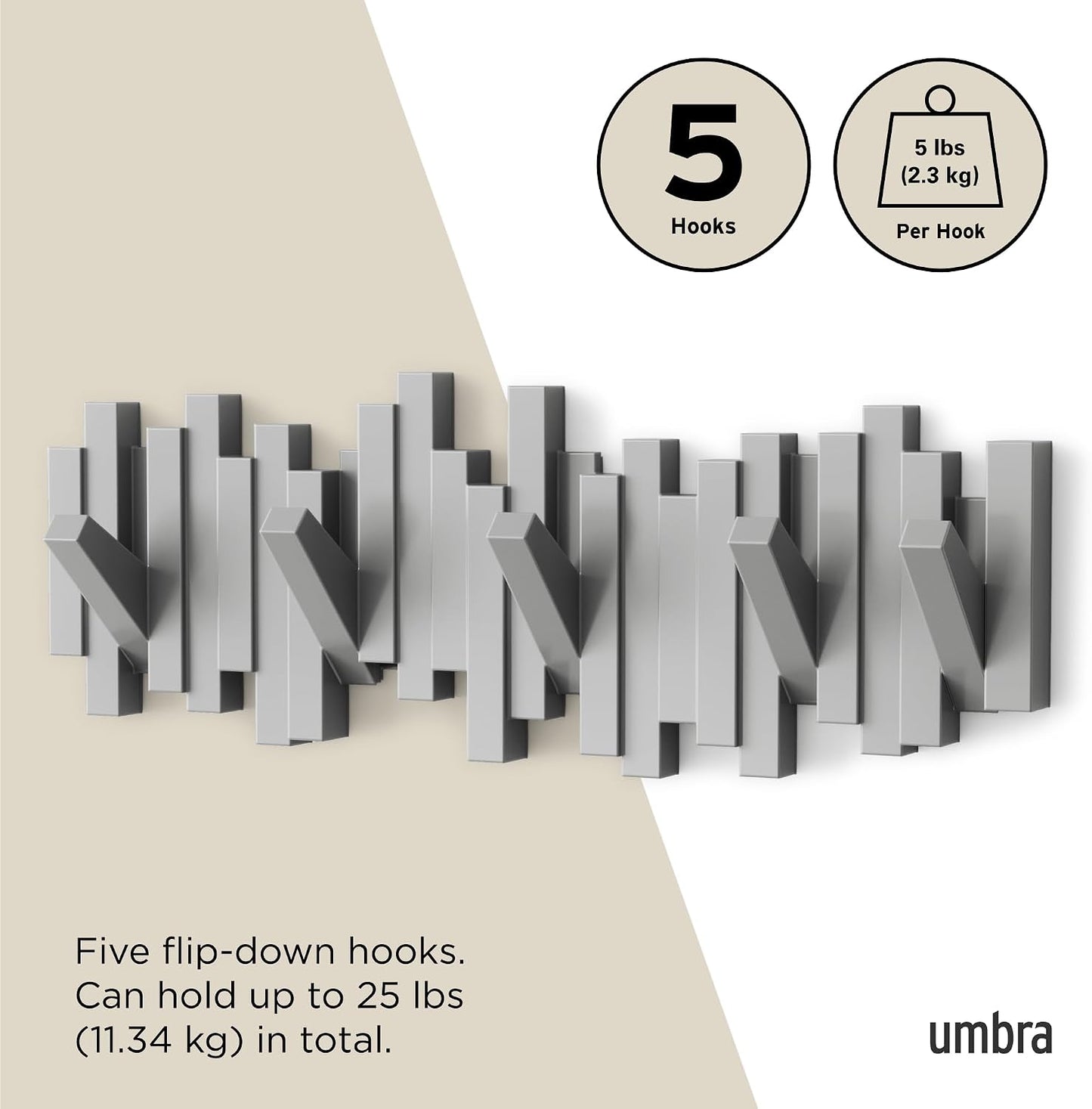 Umbra Sticks Wall-Mounted Coat Rack Rail Hook with 5 Retractable Pegs – Modern, Space-Saving Storage Organizer, Black