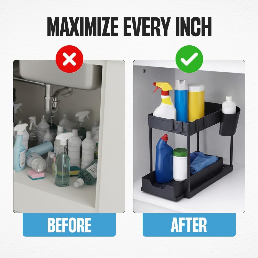Undersink Organizer, 2-Tier Under Sink Storage Rack with Sliding Drawers for Kitchen Bathroom Cabinets, Pull Out Organizer for Pantry, Laundry Room & Closet Organization - 1 Pack, Black