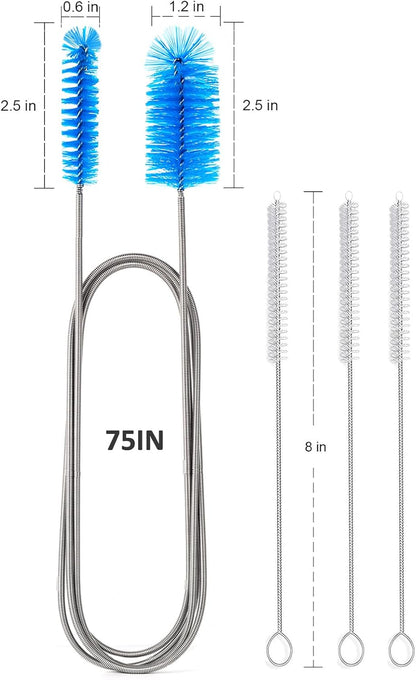Flexible Drain Brush，75 Inch Long Straw Cleaner Brush and 3 Pcs of 8 inch Straw Brush，Nylon Cleaner Double Ended Elastic Hose Pipe(Blue)