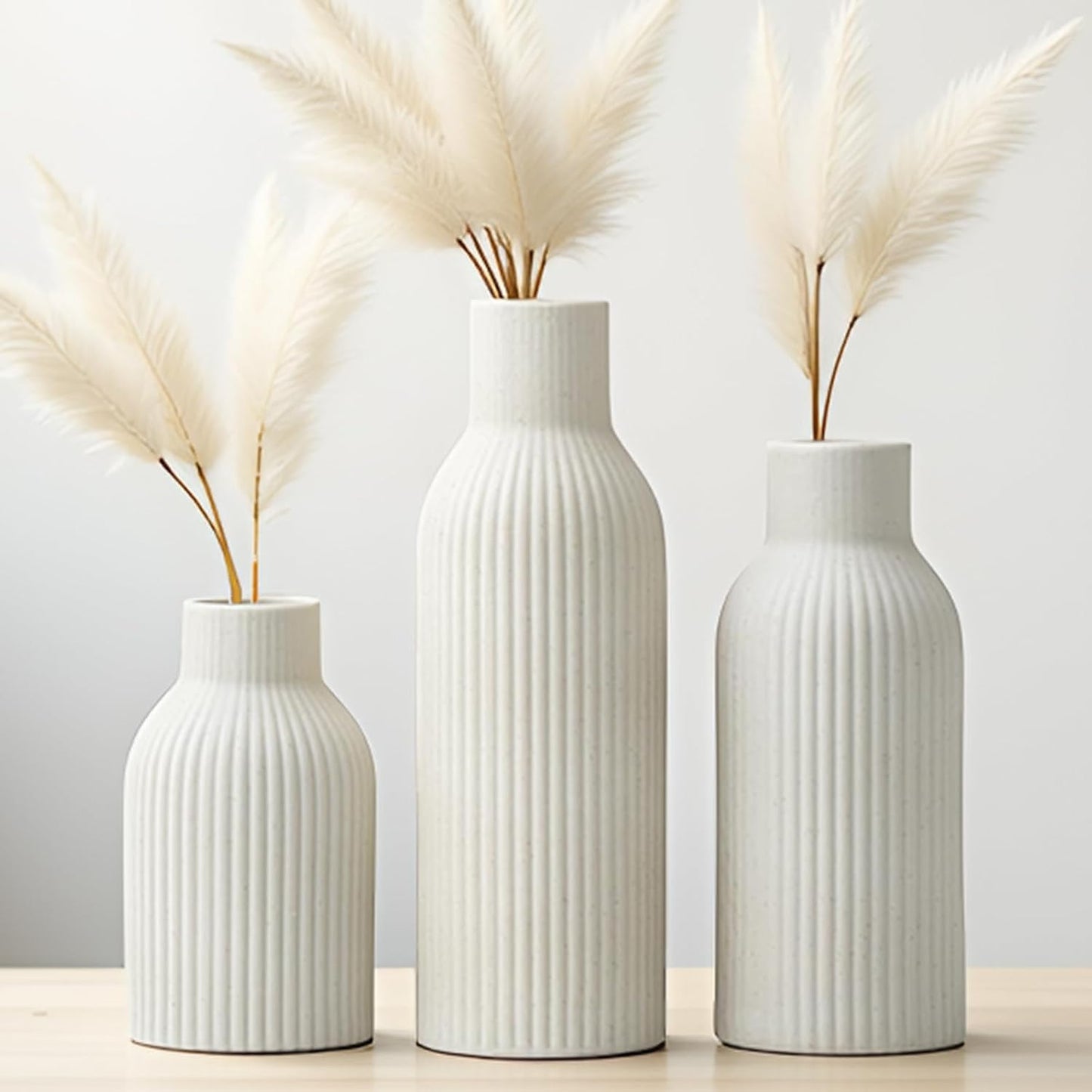 Modern Ceramic Vases Set of 3, Coffee Table Ribbed Decorative Vases, Shelf Table Centerpiece for Home Decor (Coffee Mix)