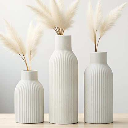 Modern Ceramic Vases Set of 3, Coffee Table Ribbed Decorative Vases, Shelf Table Centerpiece for Home Decor (Coffee Mix)