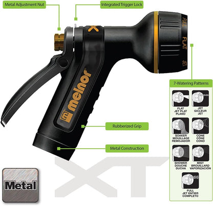 Melnor 65020-AMZ Metal Multi-Pattern Hose Nozzle with Rear Trigger Grip, 7 Spray Patterns, Heavy-Duty Metal Construction, Quick Connect Adapter, Black, Orange