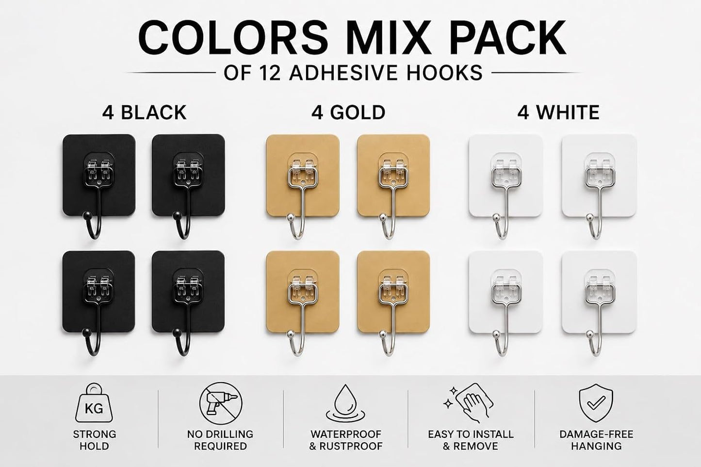 Luxe Hooks, Heavy Duty Wall Hooks, Waterproof Self Adhesive Hooks for Bathroom, Kitchen, Shower & Office, No Drill Wall Hooks for Towels, 10 Counts. (10, Transparent)