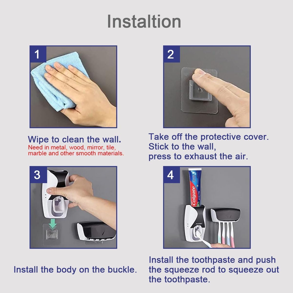 Automatic Toothbrush Dispenser Wall Mount Toothpaste Squeezer and Toothbrush Holder Set for Kids Family Bathroom Use (Black)