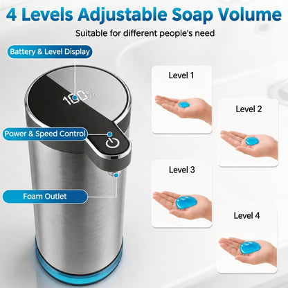 Automatic Foaming Soap Dispenser,Touchless Foam Soap Dispenser,12oz Rechargeabled Wall Mounted Smart for Bathroom and Kitchen Dish Soap,Easy for Toddlers（Brushed Silver）